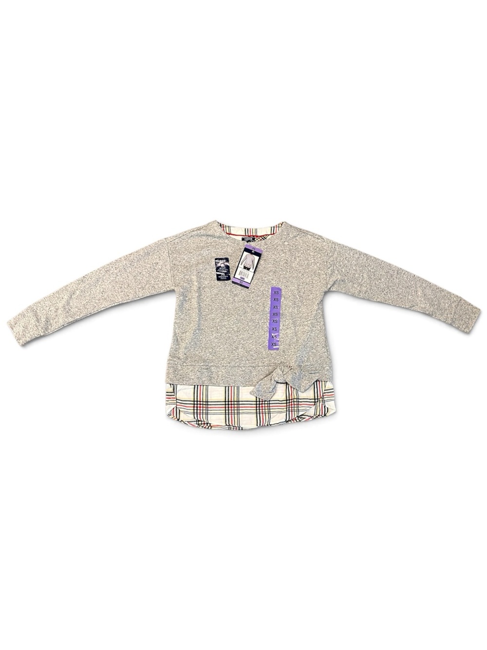 Izod Heather Gray Knit Sweater with Plaid Hem